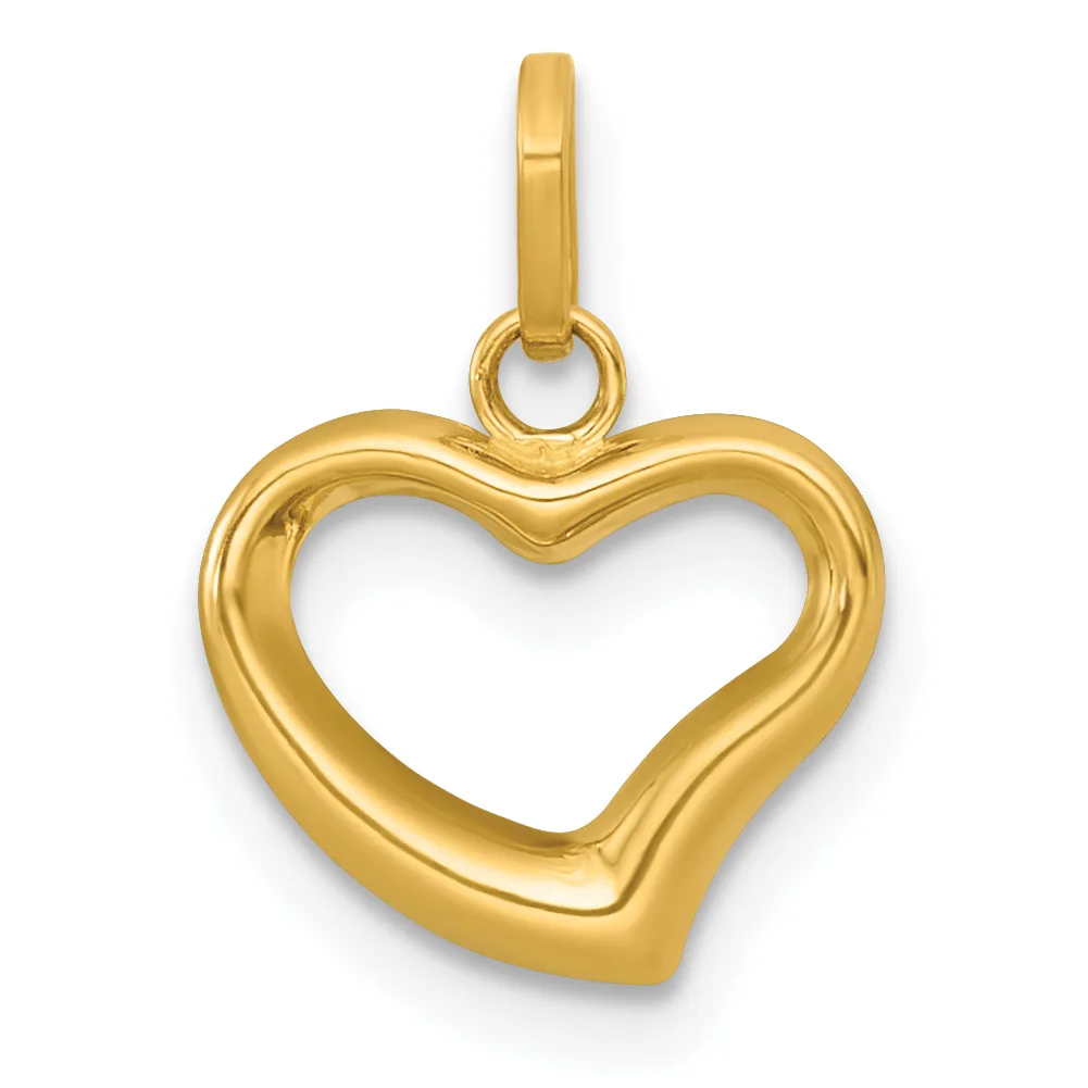A polished gold heart-shaped pendant with a hollow center and an attached bail loop at the top.