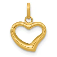 A polished gold heart-shaped pendant with a hollow center and an attached bail loop at the top.