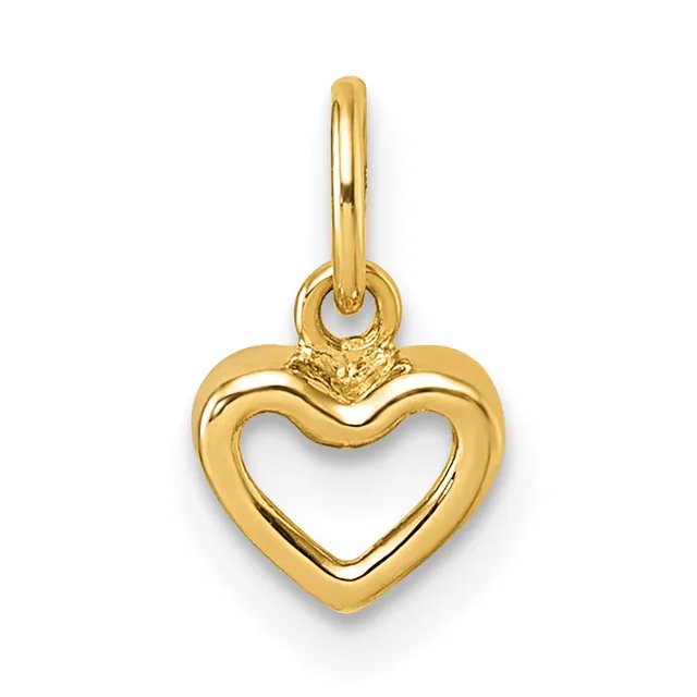 A polished gold heart-shaped pendant with a hollow center hangs from a gold bail loop against a white background.