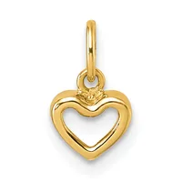 A polished gold heart-shaped pendant with a hollow center hangs from a gold bail loop against a white background.