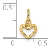 A small gold heart-shaped pendant with a hollow center and loop attachment, shown next to a ruler indicating its size as approximately 0.5 inches.