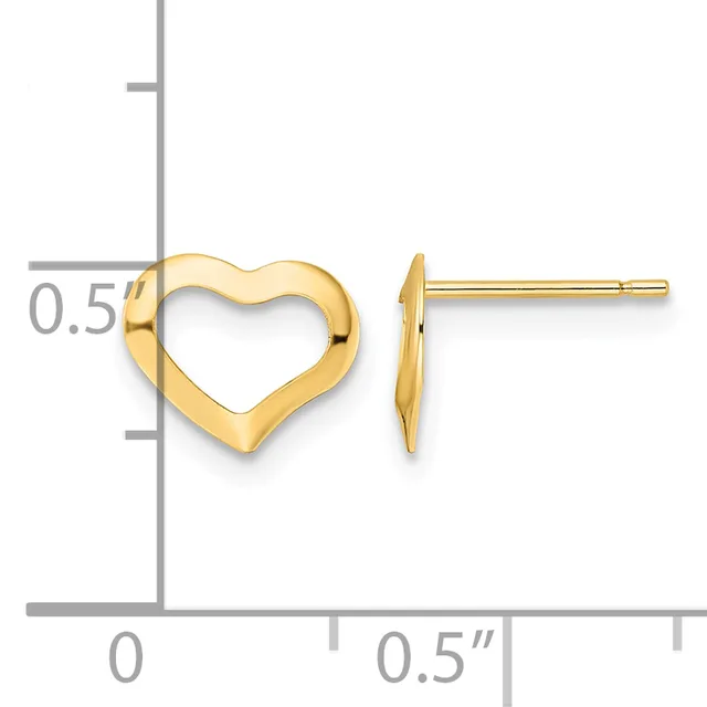 Pair of gold heart-shaped stud earrings shown front and side view against a measurement scale indicating approximately 0.5 inches in size.
