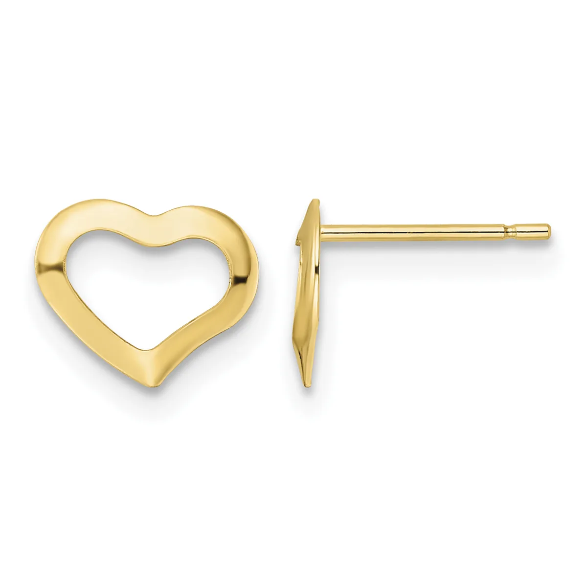 Pair of gold heart-shaped stud earrings with hollow centers, shown from front and side views with posts and backs.