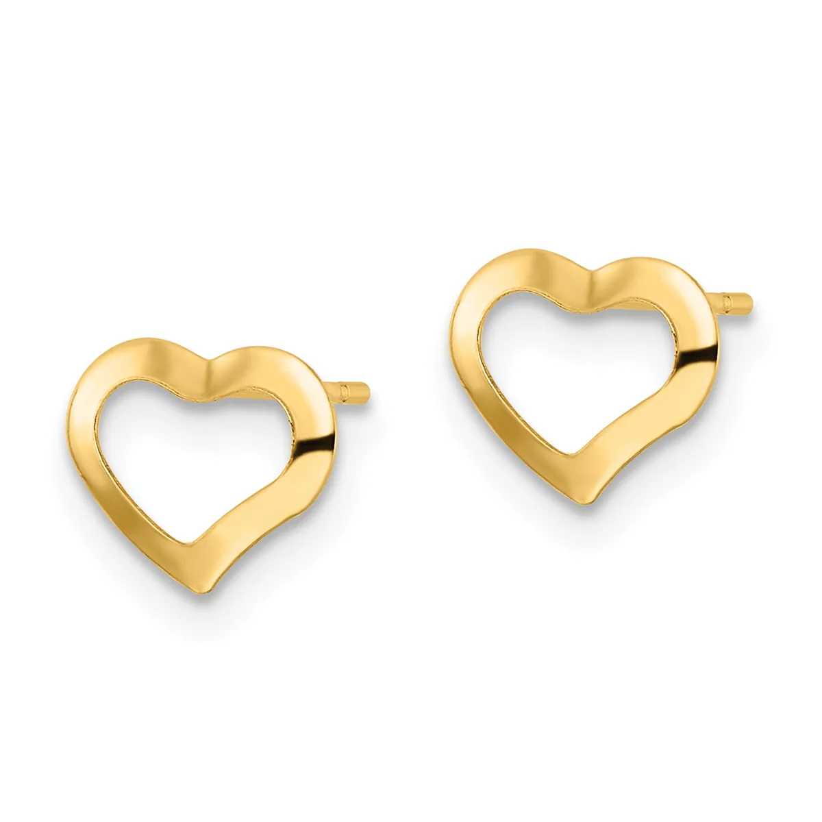 A pair of gold heart-shaped stud earrings with hollow centers and small posts, displayed against a white background.