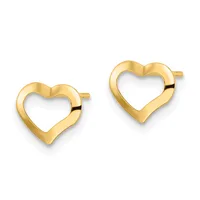 A pair of gold heart-shaped stud earrings with hollow centers and small posts, displayed against a white background.