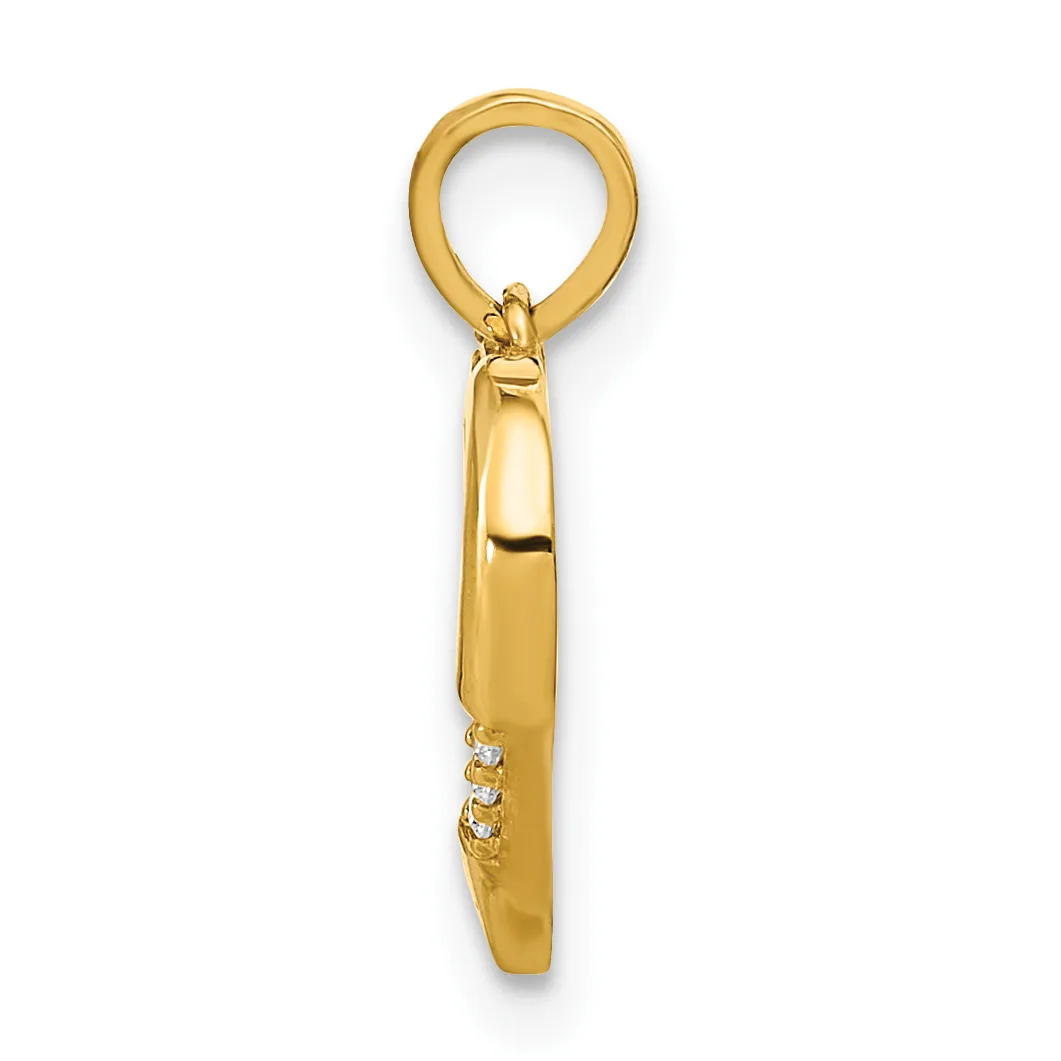 A gold charm pendant with a polished finish and small round diamonds set along the lower portion, suspended from a gold bail loop.