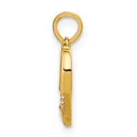 A gold charm pendant with a polished finish and small round diamonds set along the lower portion, suspended from a gold bail loop.