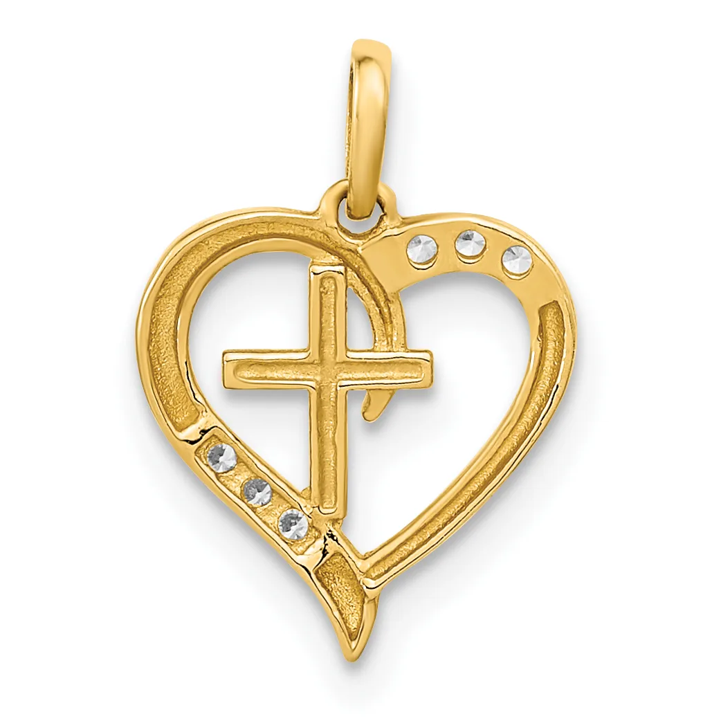 Gold heart-shaped pendant with a cross in the center and small round diamonds set along the right side and bottom, suspended from a gold bail.