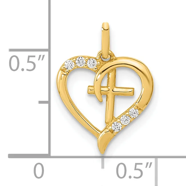 Gold heart pendant with a cross inside, decorated with small diamonds on the upper left and lower right sections, shown with a measurement scale indicating its size is approximately half an inch.