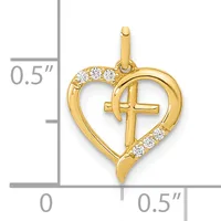 Gold heart pendant with a cross inside, decorated with small diamonds on the upper left and lower right sections, shown with a measurement scale indicating its size is approximately half an inch.