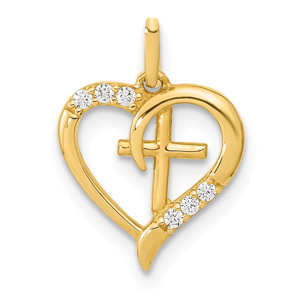 Gold heart pendant with a cross inside, decorated with small diamonds on the upper left and lower right sections.