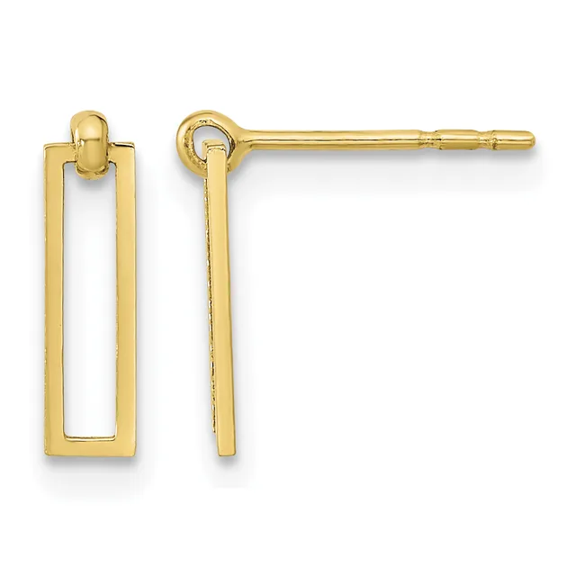 Pair of gold rectangular drop earrings with rounded corners and open centers, shown from front and side views.