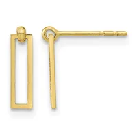 Pair of gold rectangular drop earrings with rounded corners and open centers, shown from front and side views.