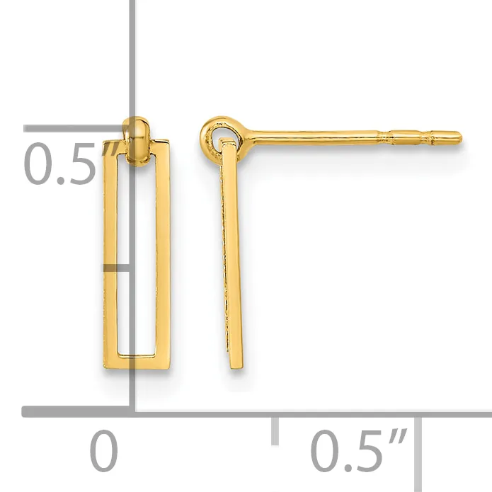 Pair of gold rectangular tube earrings with small loops at the top, shown next to a ruler indicating approximately 0.5 inches in length.