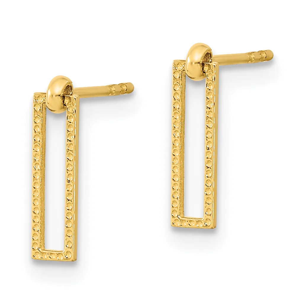 A pair of gold rectangular drop earrings with textured surfaces and matching post backs, displayed against a white background.