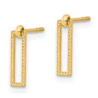 A pair of gold rectangular drop earrings with textured surfaces and matching post backs, displayed against a white background.