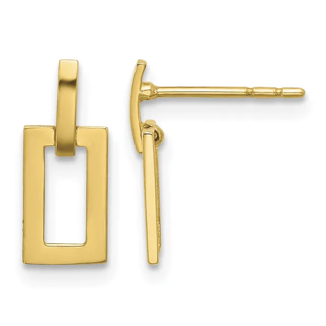 Pair of gold-colored rectangular drop earrings with hollow centers and posts, shown from front and side views.