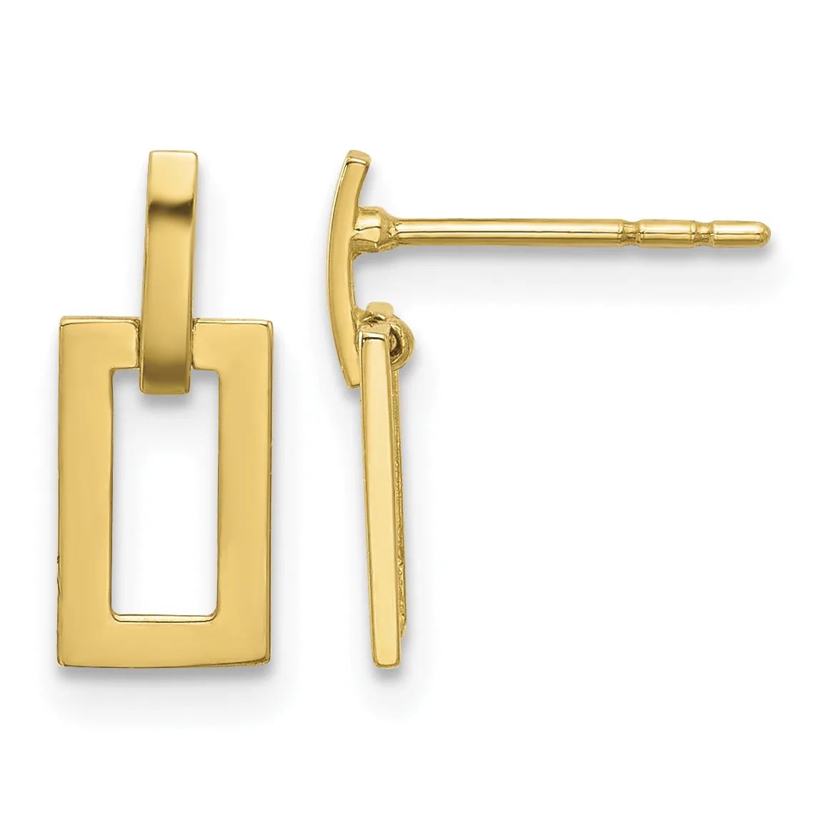 Pair of gold-colored rectangular drop earrings with hollow centers and posts, shown from front and side views.