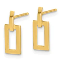 A pair of gold rectangular drop earrings with cutout centers and post backs displayed against a white background.