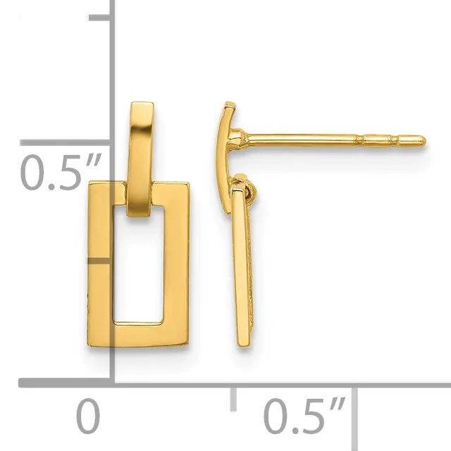 Pair of gold rectangular drop earrings with curved connectors, shown front and side view with measurement scale indicating approximately 0.5 inches in height.