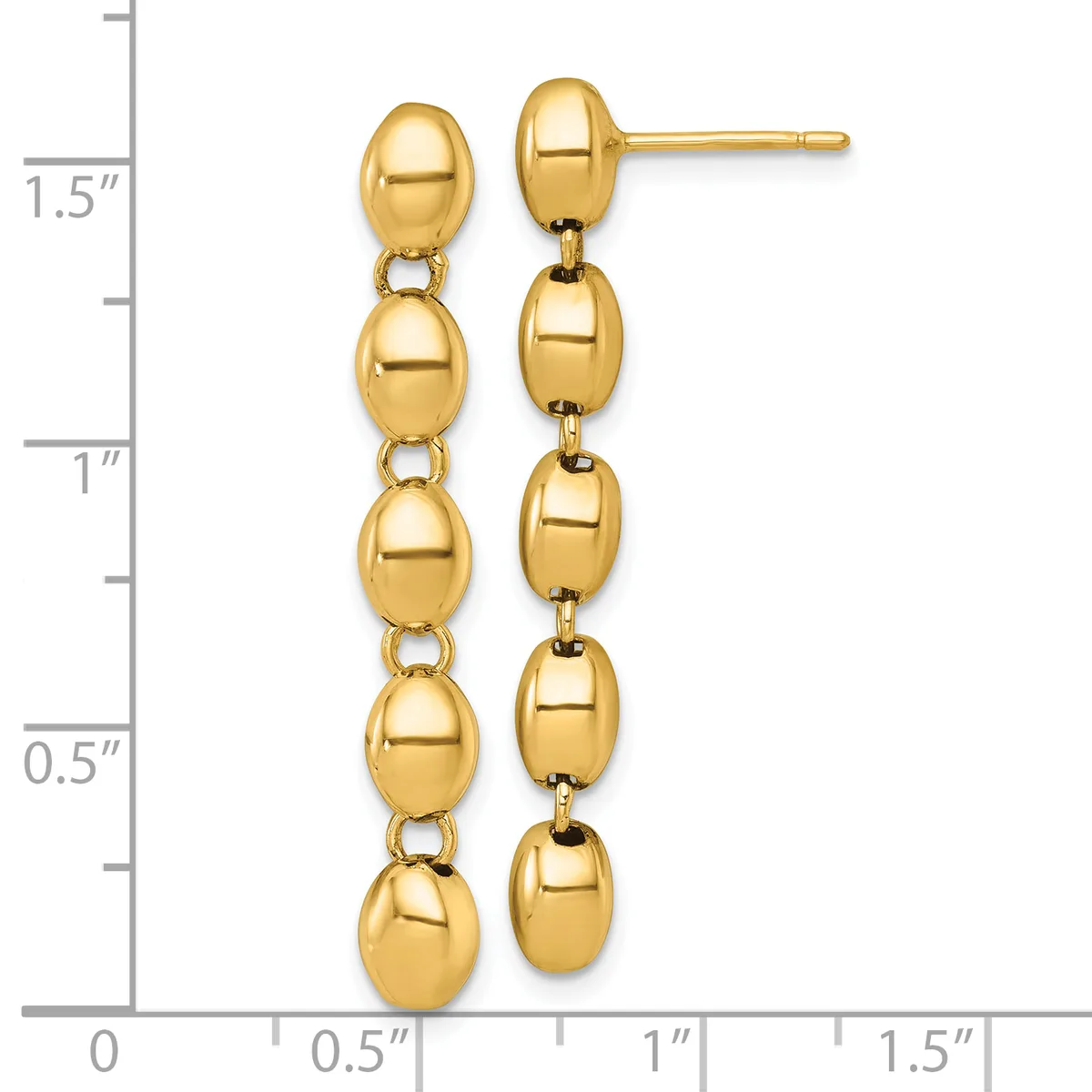 A pair of gold drop earrings consisting of five connected oval beads graduating in size, displayed against a measurement scale showing approximately 1.5 inches in length.