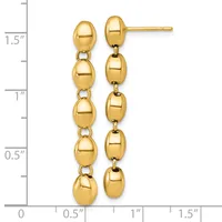 A pair of gold drop earrings consisting of five connected oval beads graduating in size, displayed against a measurement scale showing approximately 1.5 inches in length.