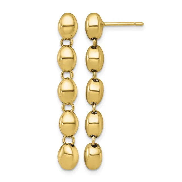 Pair of gold-toned drop earrings with post backs, each featuring five connected polished oval beads descending in length.