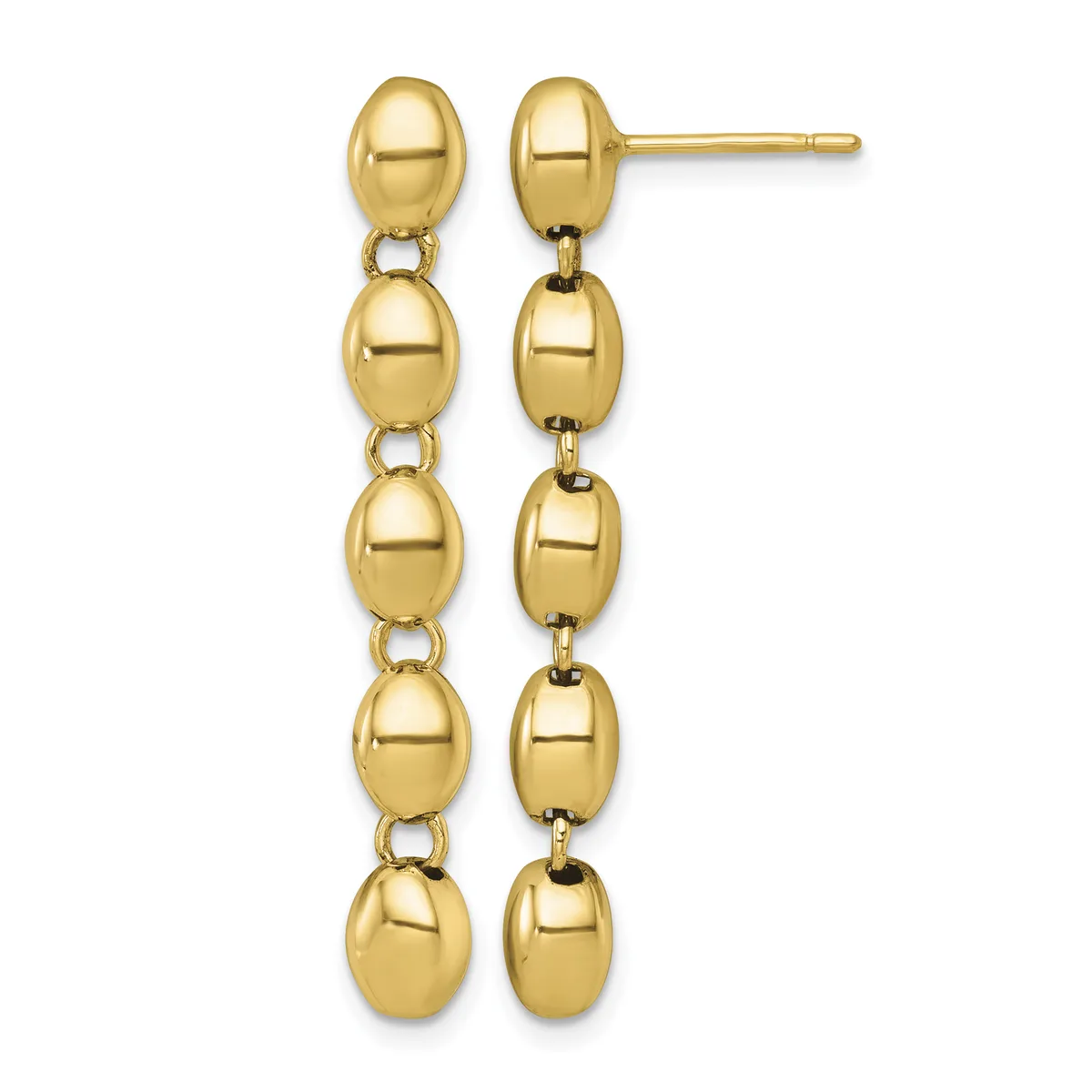 Pair of gold-toned drop earrings with post backs, each featuring five connected polished oval beads descending in length.