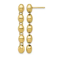 Pair of gold-toned drop earrings with post backs, each featuring five connected polished oval beads descending in length.