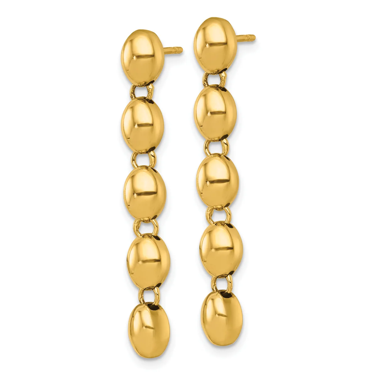A pair of long gold drop earrings with polished oval beads connected by small loops, displayed against a white background.