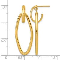 A pair of gold-toned hoop earrings with posts and backs, shown next to a measurement ruler indicating approximately one inch in length.