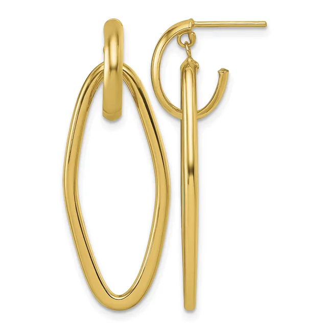 Pair of gold hoop earrings with a polished finish, featuring an overlapping double-loop design with post and clutch backs.