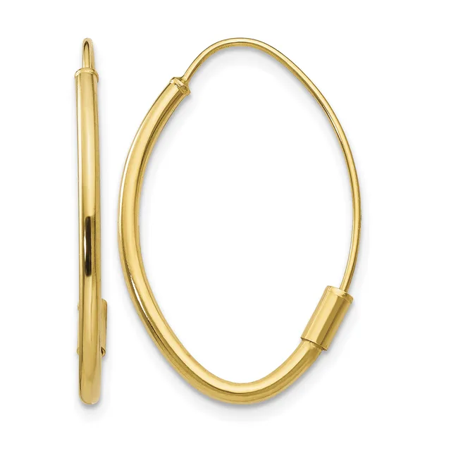 A pair of polished gold oval hoop earrings shown from the front and side view, with hinged post closures.