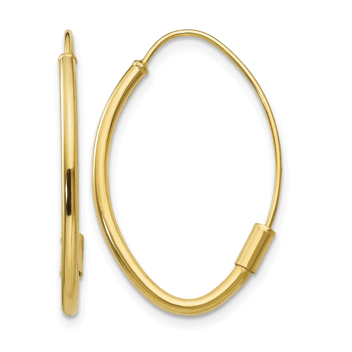 A pair of polished gold oval hoop earrings shown from the front and side view, with hinged post closures.