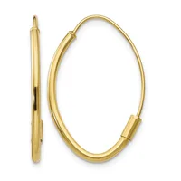 A pair of polished gold oval hoop earrings shown from the front and side view, with hinged post closures.
