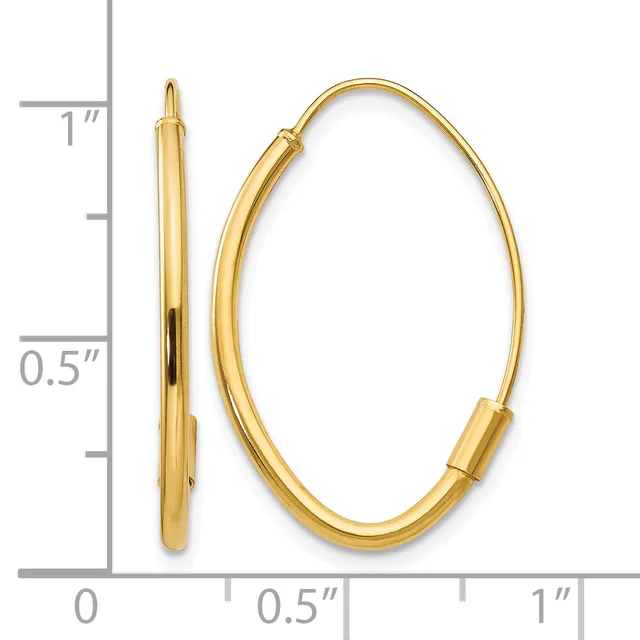 A pair of gold oval hoop earrings with a polished finish, shown from the front and side view with a measurement scale indicating they are approximately one inch tall and half an inch wide.