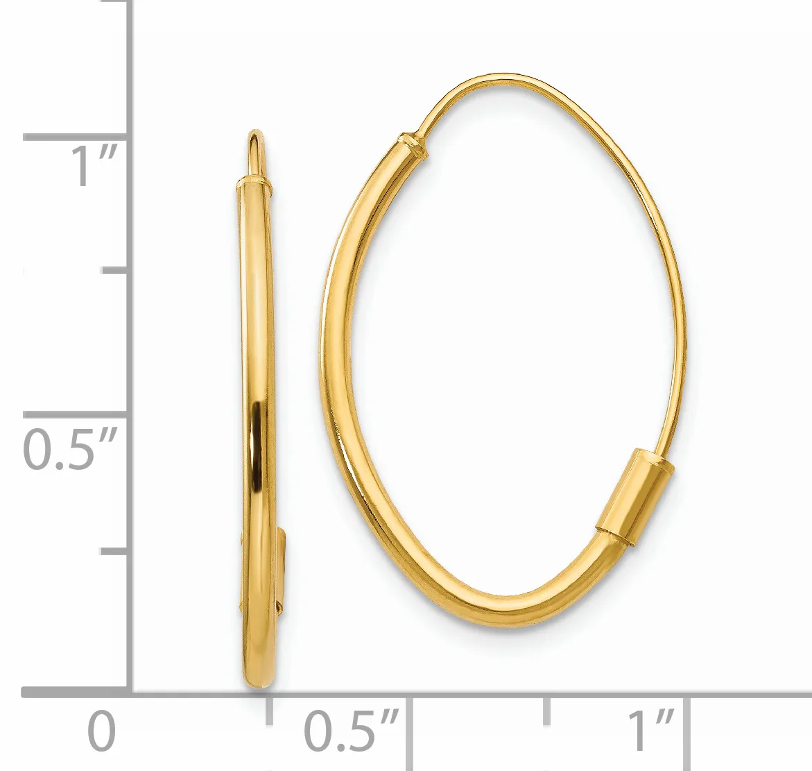 A pair of polished gold oval hoop earrings displayed next to a ruler showing measurements up to one inch.