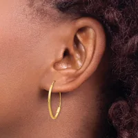 A person wearing a gold hoop earring in their earlobe, shown in profile against their neck and shoulder.