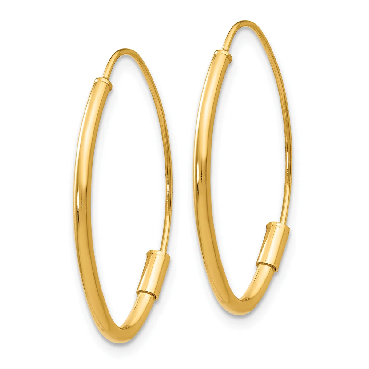 A pair of gold hoop earrings with a polished finish and hinged closures, displayed against a white background.