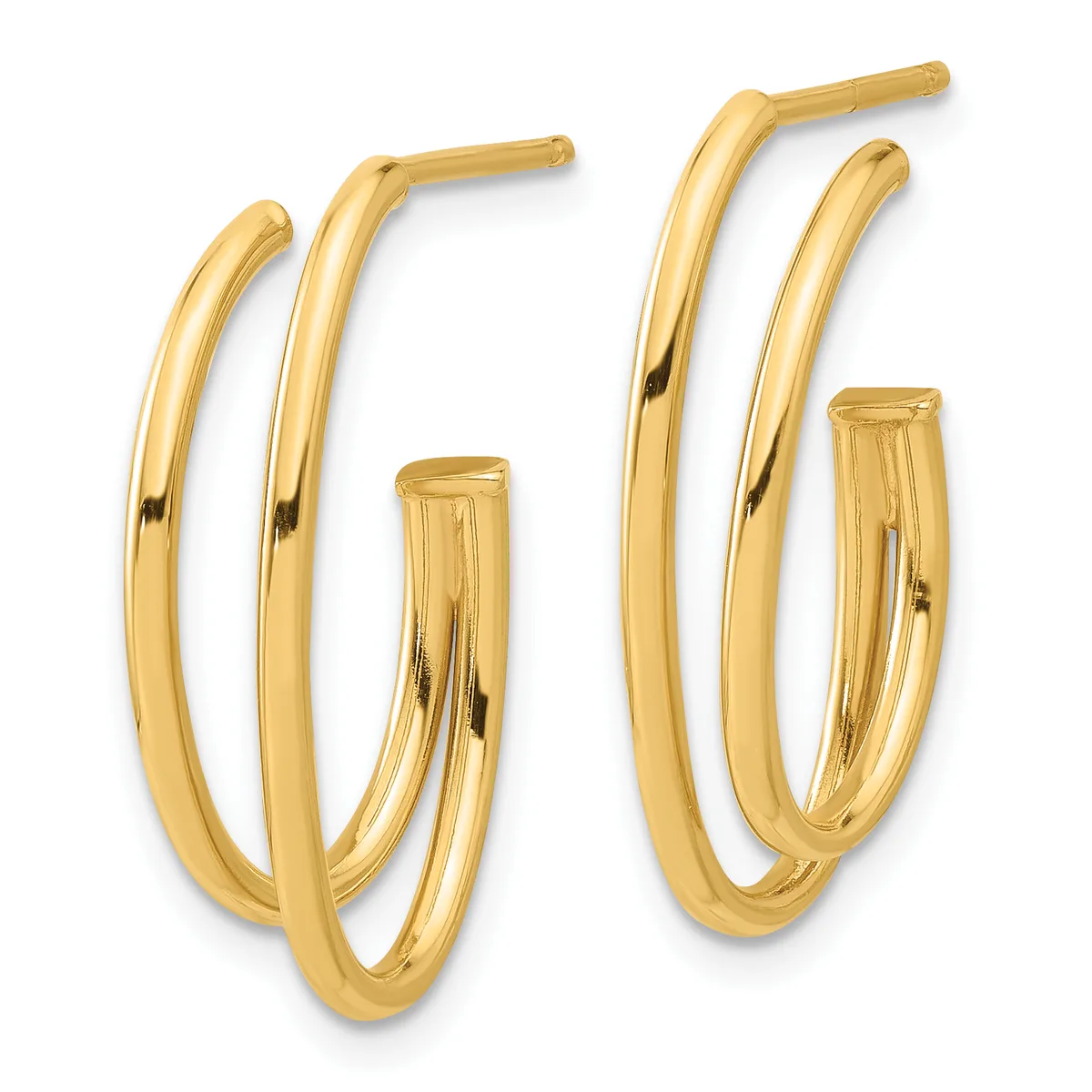 Two pairs of polished gold hoop earrings of different sizes displayed side by side against a white background.