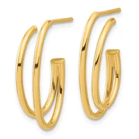 Two pairs of polished gold hoop earrings of different sizes displayed side by side against a white background.