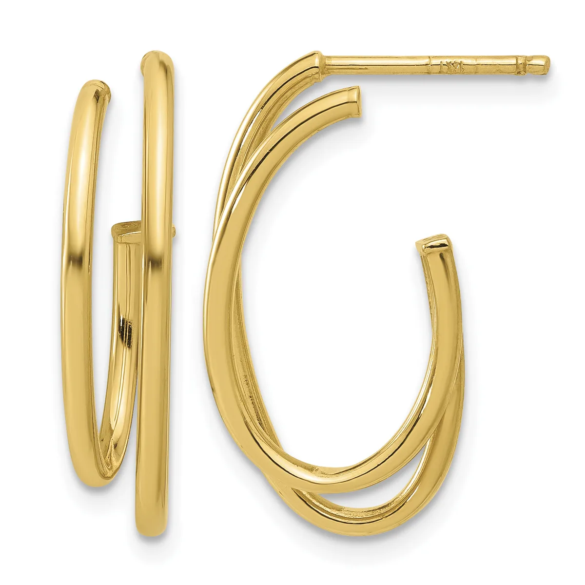 Two pairs of polished gold hoop earrings displayed against a white background, one pair with nested oval loops and one pair with curved tubular loops.