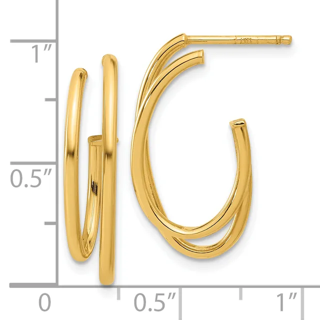 Two pairs of gold hoop earrings displayed next to a ruler showing measurements up to one inch.