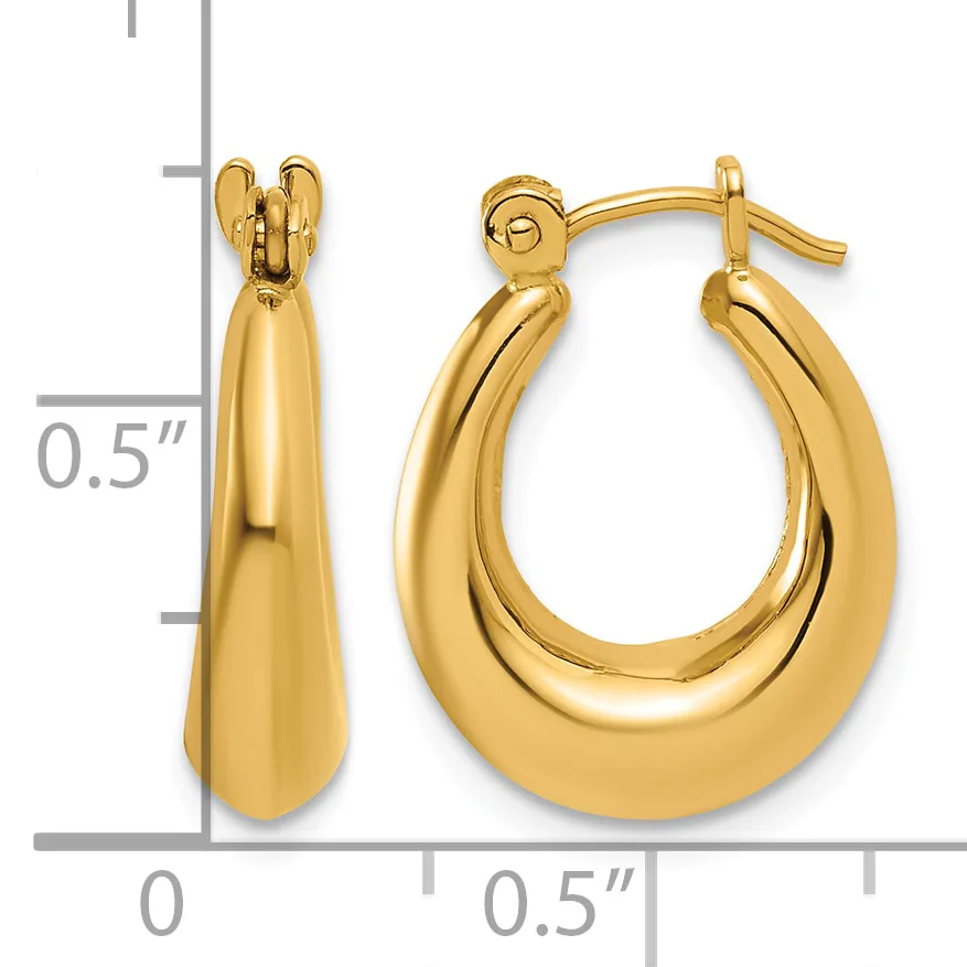 Polished gold-tone chunky teardrop hoop earrings with post and clutch backs, shown next to a measurement scale indicating approximately 0.5 inches in length.
