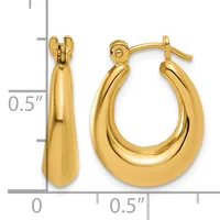 Polished gold-tone chunky teardrop hoop earrings with post and clutch backs, shown next to a measurement scale indicating approximately 0.5 inches in length.