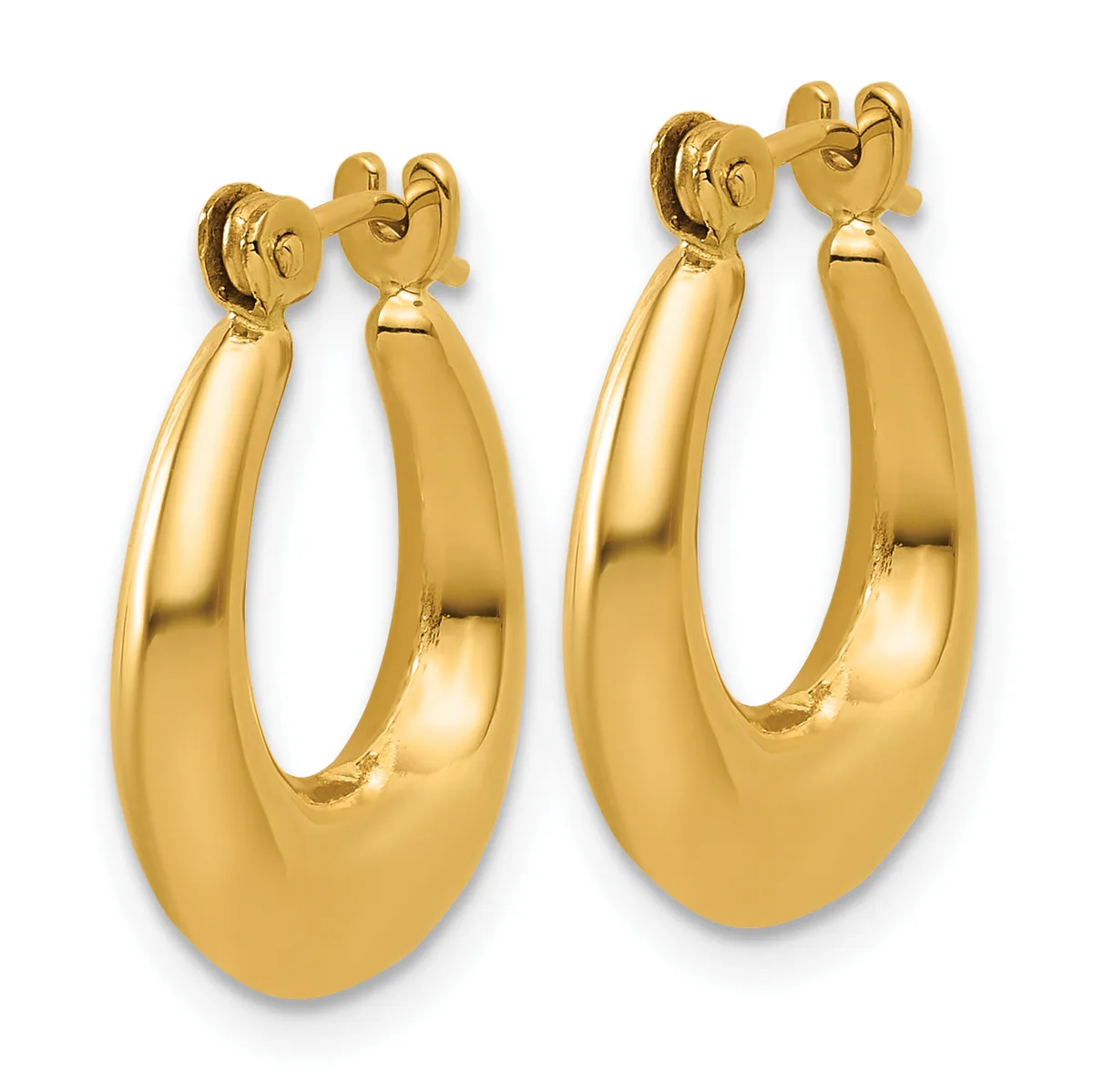 A pair of polished gold-toned hoop earrings with curved, tubular designs and clip-on backs, displayed against a white background.