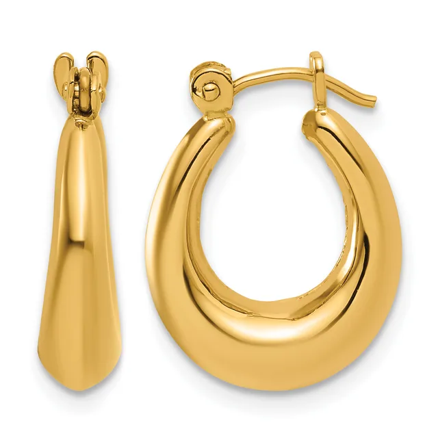 A pair of polished gold teardrop-shaped hoop earrings with hinged backs, shown from front and side views.