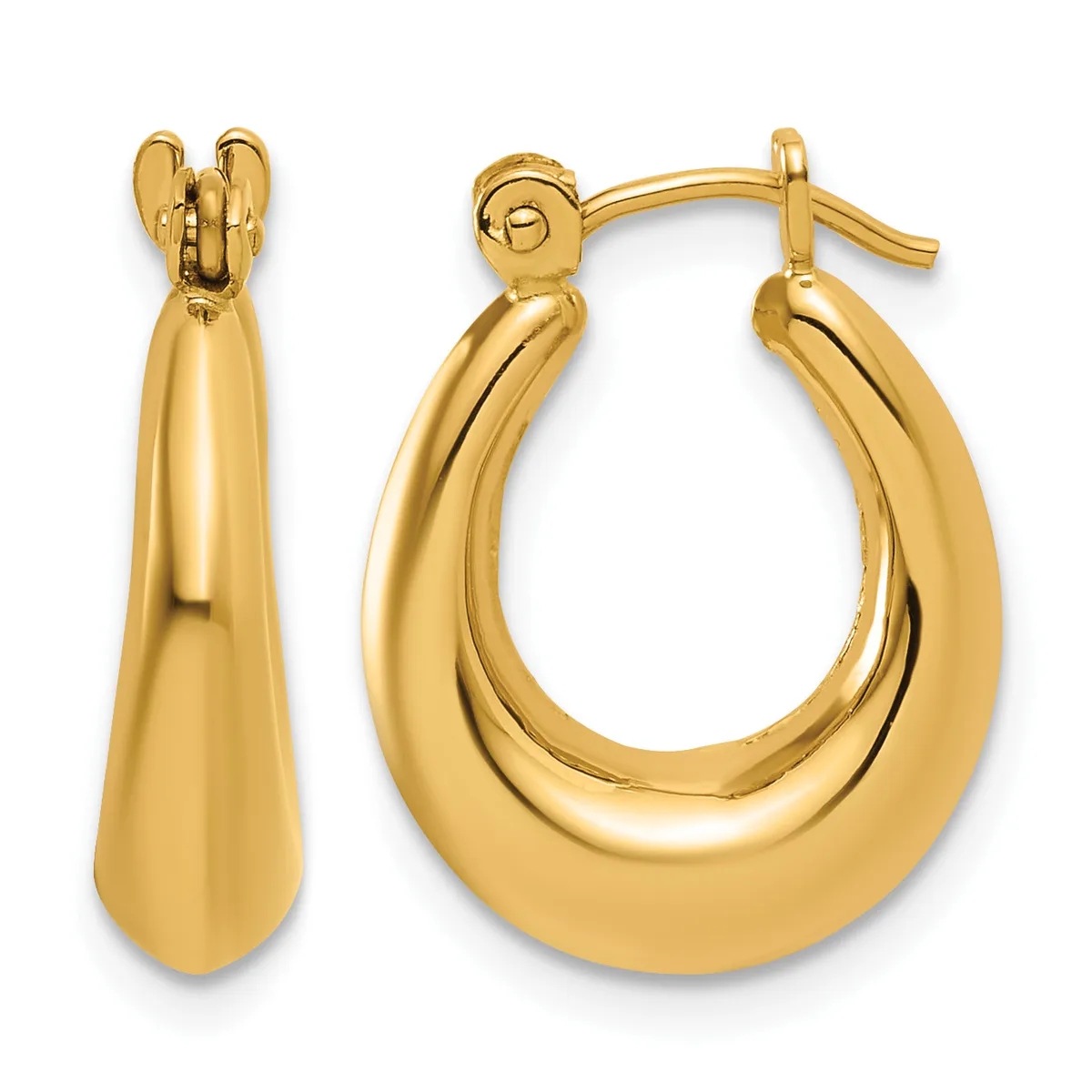 A pair of polished gold teardrop-shaped hoop earrings with hinged backs, shown from front and side views.