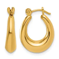A pair of polished gold teardrop-shaped hoop earrings with hinged backs, shown from front and side views.