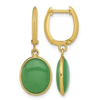 Gold-toned hinged oval earrings with green jade or chalcedony stone drops, shown from front and side views.